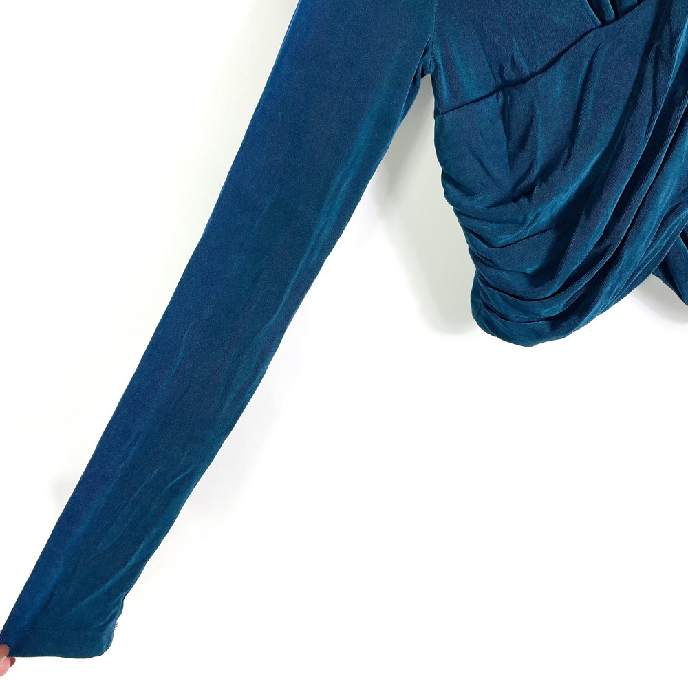 Bardot Wren Wrap Top Teal Blue Long Sleeve Cropped Ruched Criss Cross Sz S - Picture 8 of 11